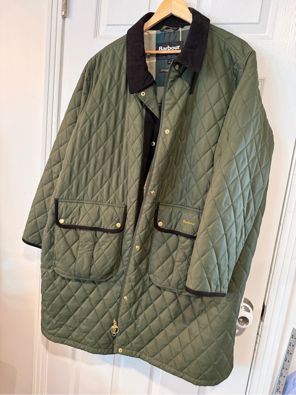 Barbour Olive Green Quilted Tulip Field Jacket with Black Corduroy Collar